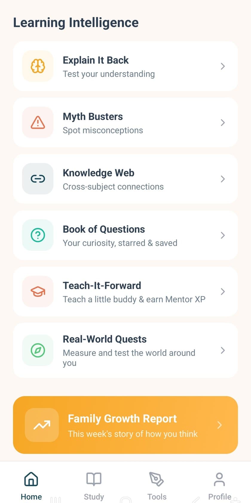 Learning Intelligence screen with Explain It Back, Myth Busters, Knowledge Web, Book of Questions, Teach-It-Forward, Real-World Quests, and Family Growth Report.
