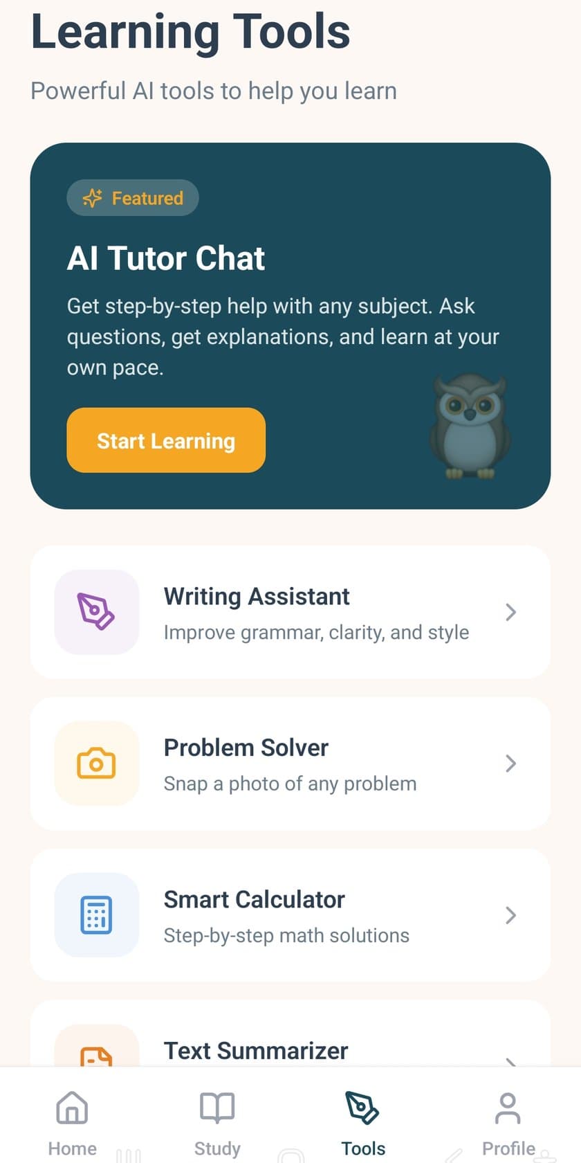 Learning Tools screen listing AI Tutor Chat, Writing Assistant, Problem Solver, Smart Calculator, and Text Summarizer.