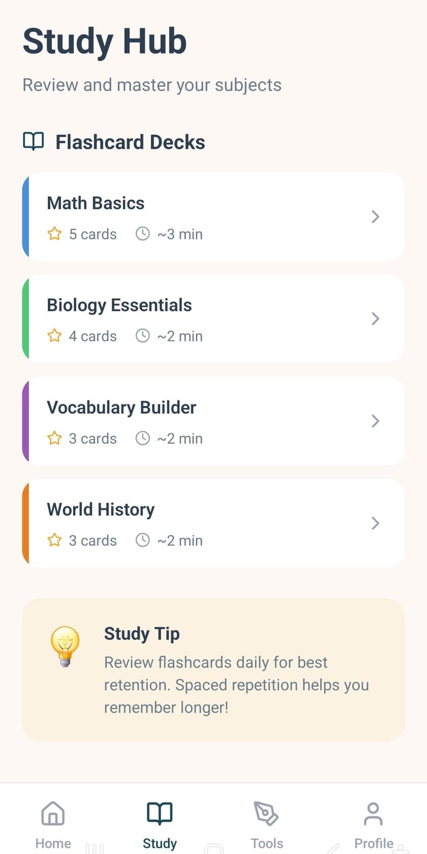 Study Hub screen with flashcard decks for Math Basics, Biology Essentials, Vocabulary Builder, and World History.