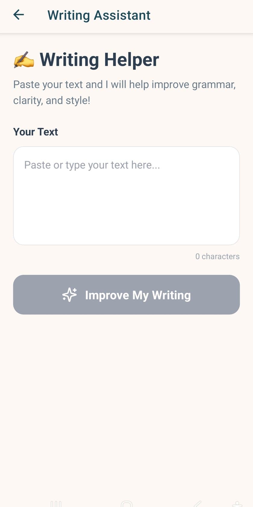 Writing Assistant screen with a text field and an Improve My Writing action for grammar, clarity, and style.